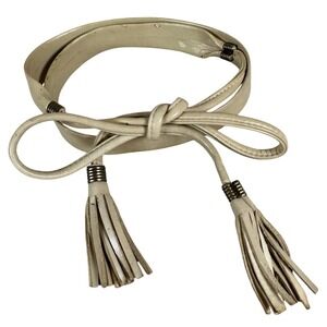 Beige tan Leather Belt Tassel tie statement thin Western boho bohemian Vintage